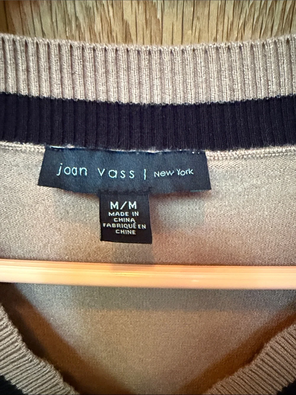 Joan Vass V-Neck Bodycon 3/4 Sleeve Knit Sweater, Medium, Light Brown Black Trim